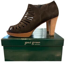 Paul Green Tasha Black Suede Peep Toe Ankle Booties Strappy Platform Heels 4.5